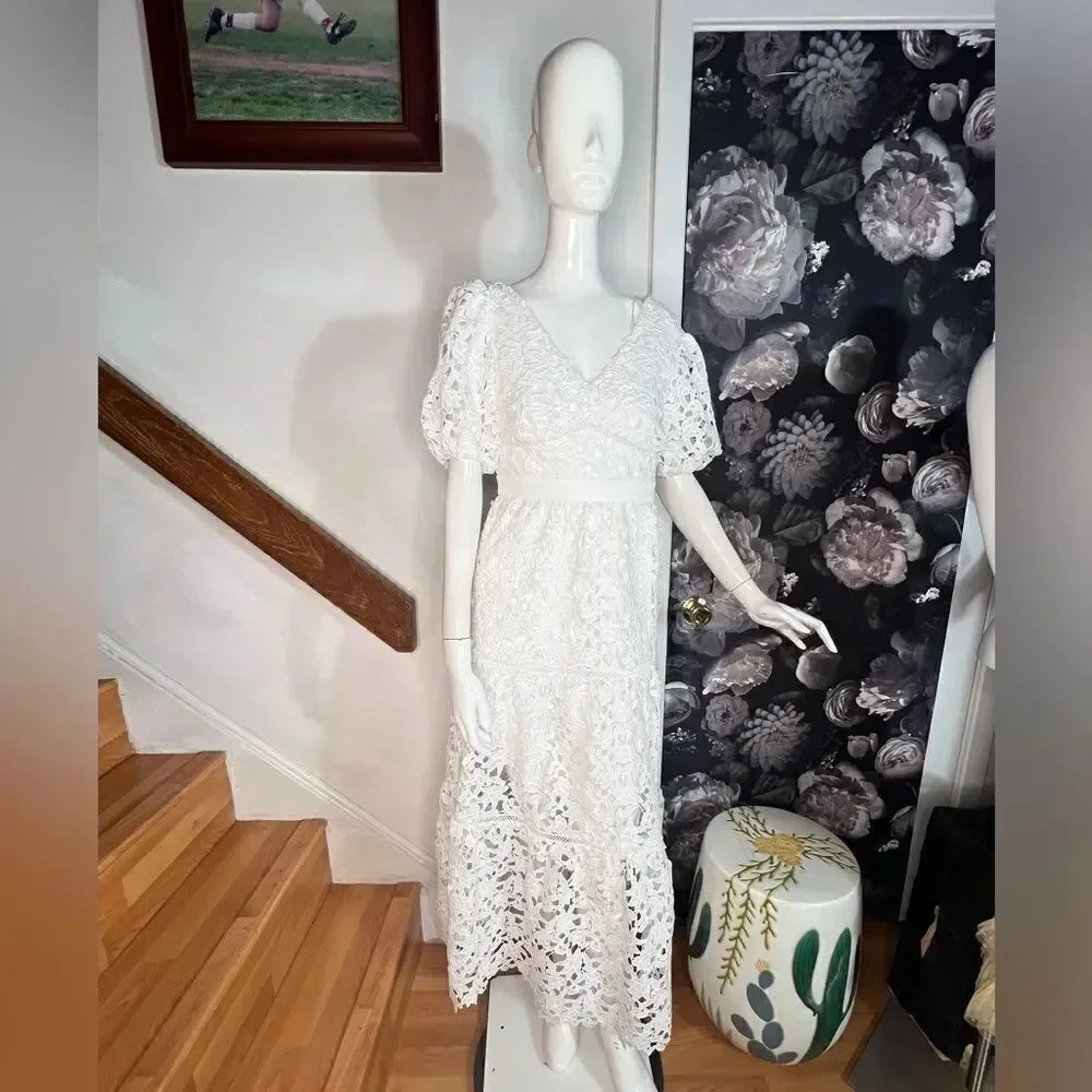 Anthropologie Endless Rose V-Neck Puff-Sleeve Lace Tiered Maxi Dress/ size XS